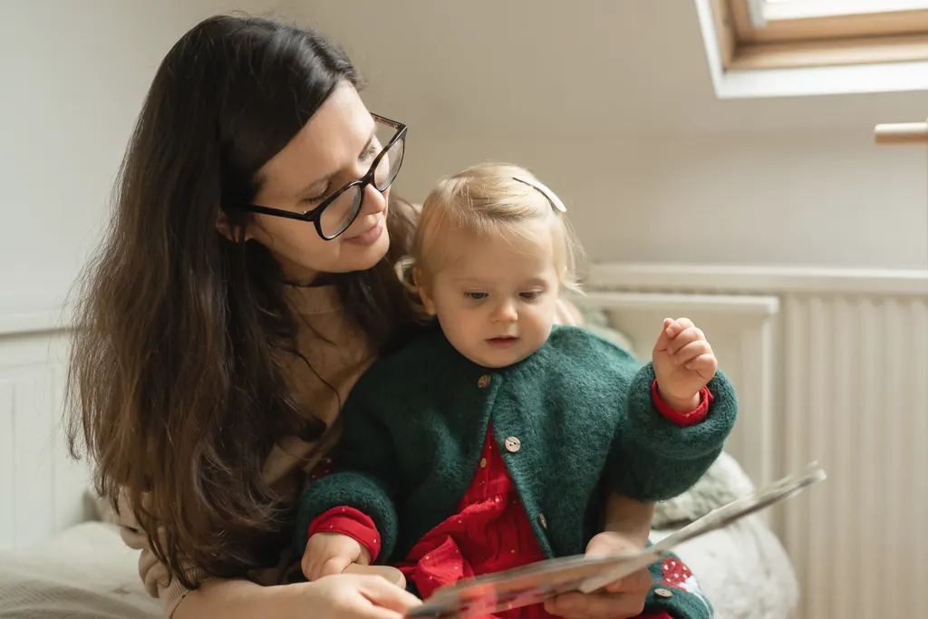 A practitioner in glasses reads a picture book with a toddler on her lap